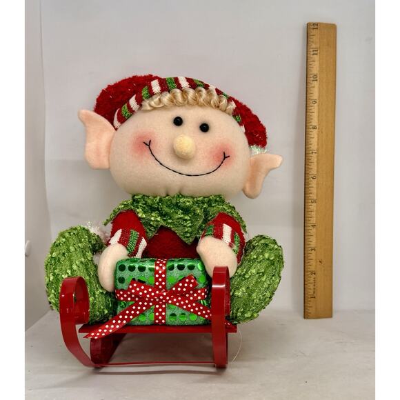 Christmas Elf Decoration On Red Metal Sled 10” Plush Holding Present - Picture 7 of 10